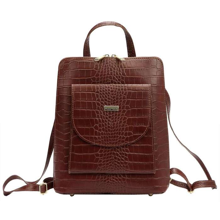 Dámsky kožený batoh MiaMore 01-010 COCO v hnedej farbe s nastaviteľnými ramennými popruhmi a vreckami